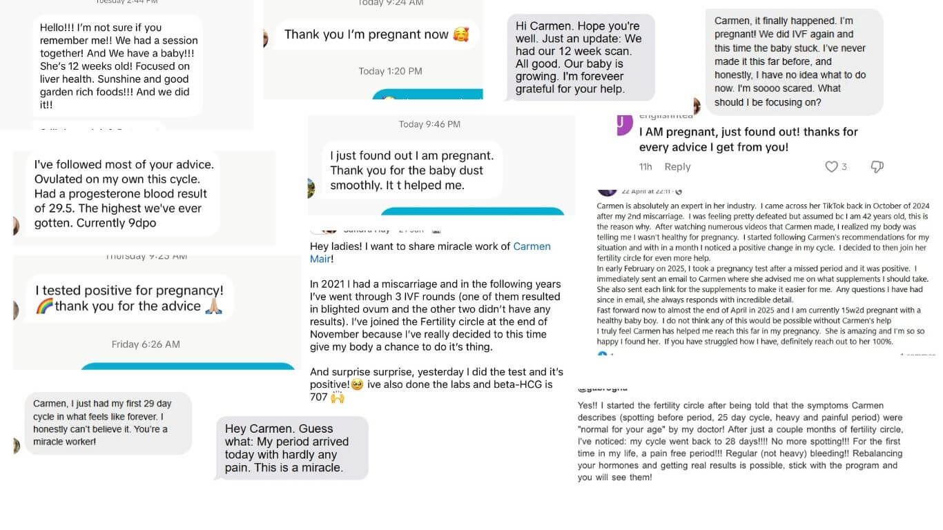 Client testimonial praising Carmen&#039;s fertility coaching program and hormone support